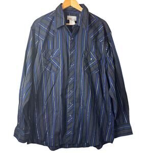 Vtg Wrangler Wrancher Pearl Snap Western Shirt black blue striped long sleeve